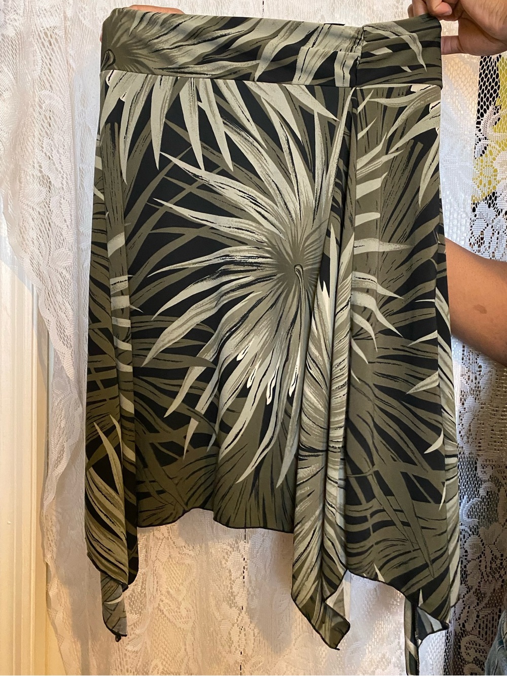Olive Green Palm-Print Handkerchief Hem Skirt